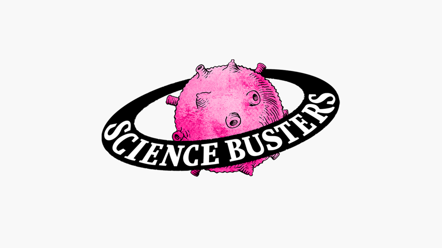 Ein pinker Planet mit Ring, auf dem der Schriftzug „Science Busters“ steht.