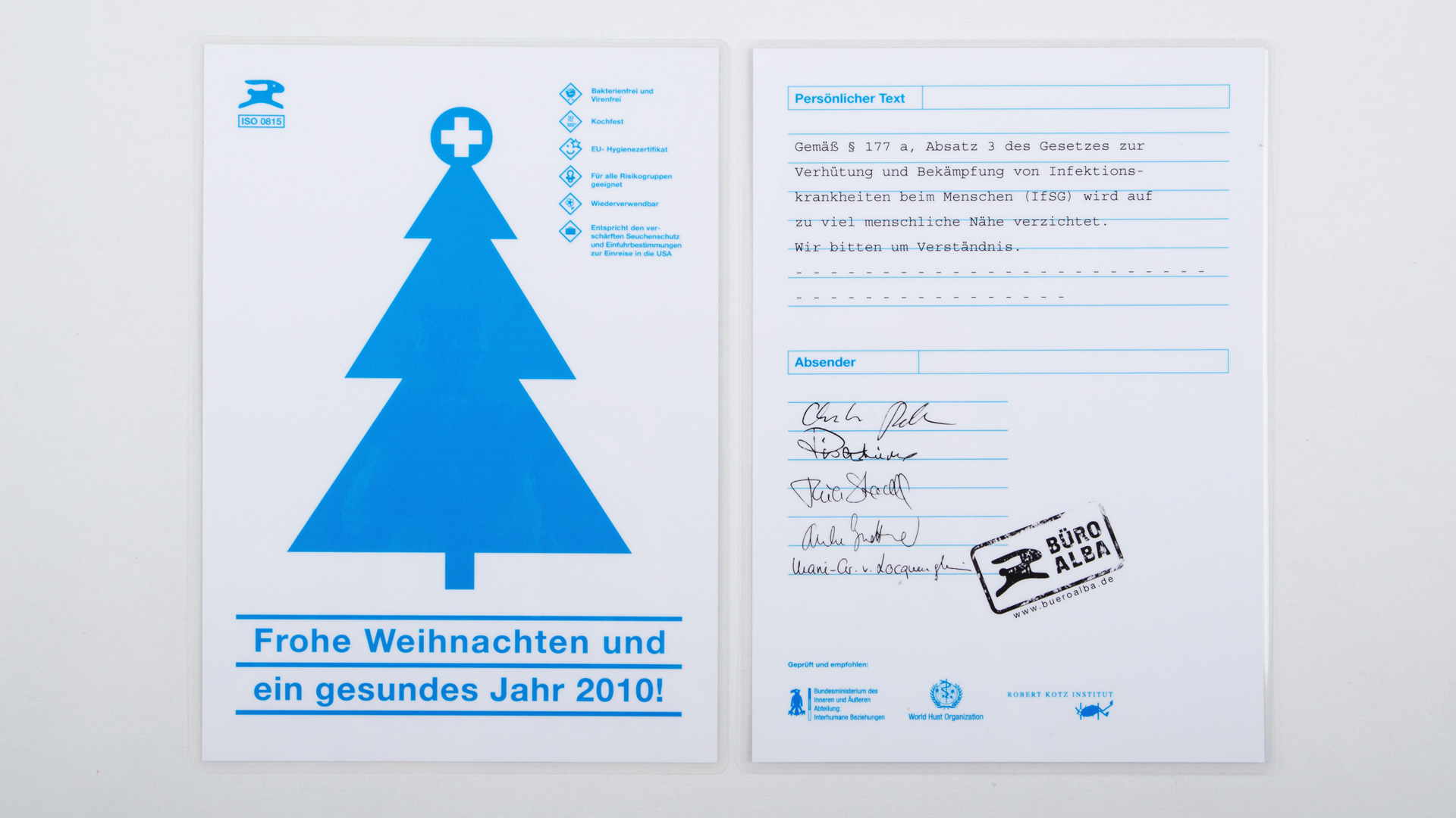 Die Weihnachtspost ist klinisch blau gestaltet. Auf der Vorderseite sind ein Weihnachtsbaum und der Schriftzug: „Frohe Weihnachten und ein gesundes Jahr 2010!“.