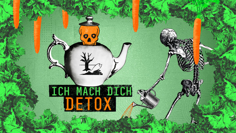 Fotomontage eines Skelets, welches Salat gießt und einen Schriftzug: „Ich mach dich Detox“.