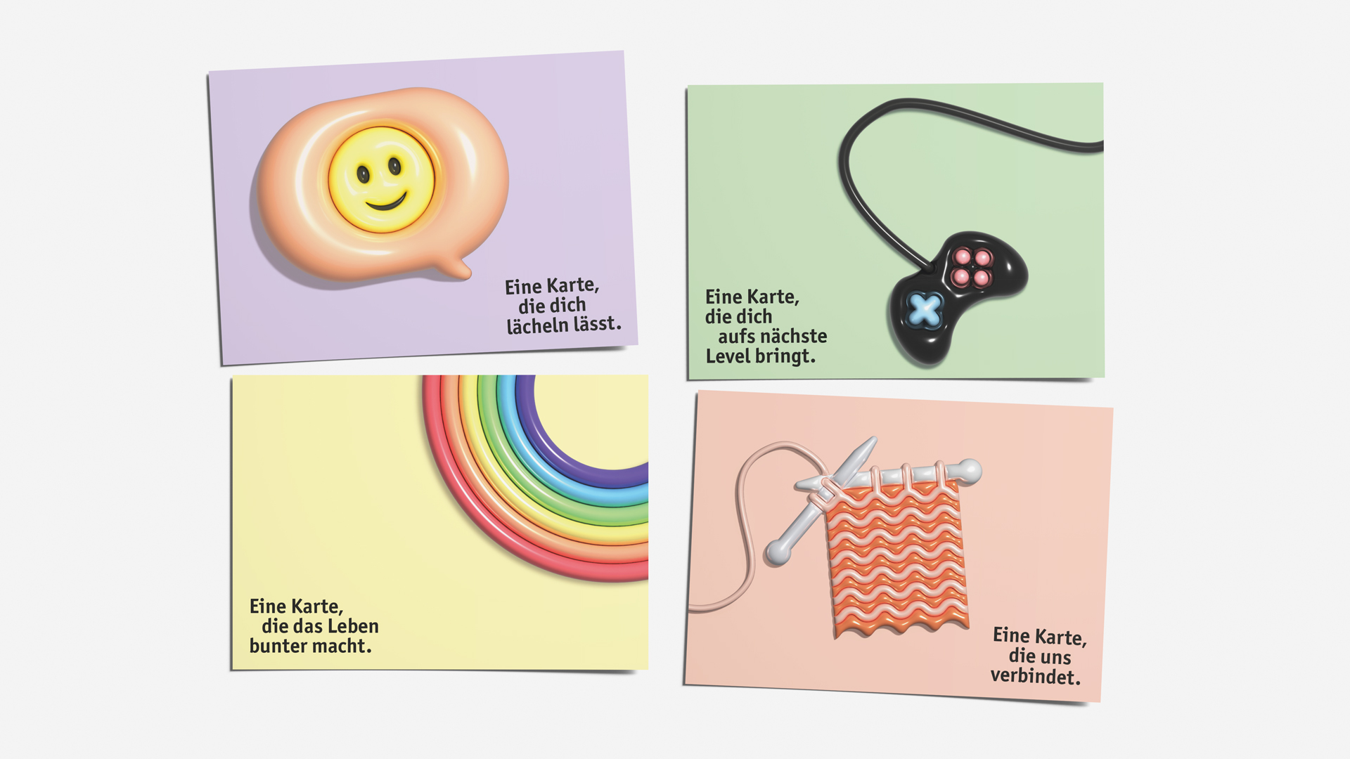Vier Postkartenmotive der Stadtbibliothek-Kampagne: Smiley, Gaming-Controller, Regenbogen und Wollknäuel mit den Slogans zur Angebotsvielfalt