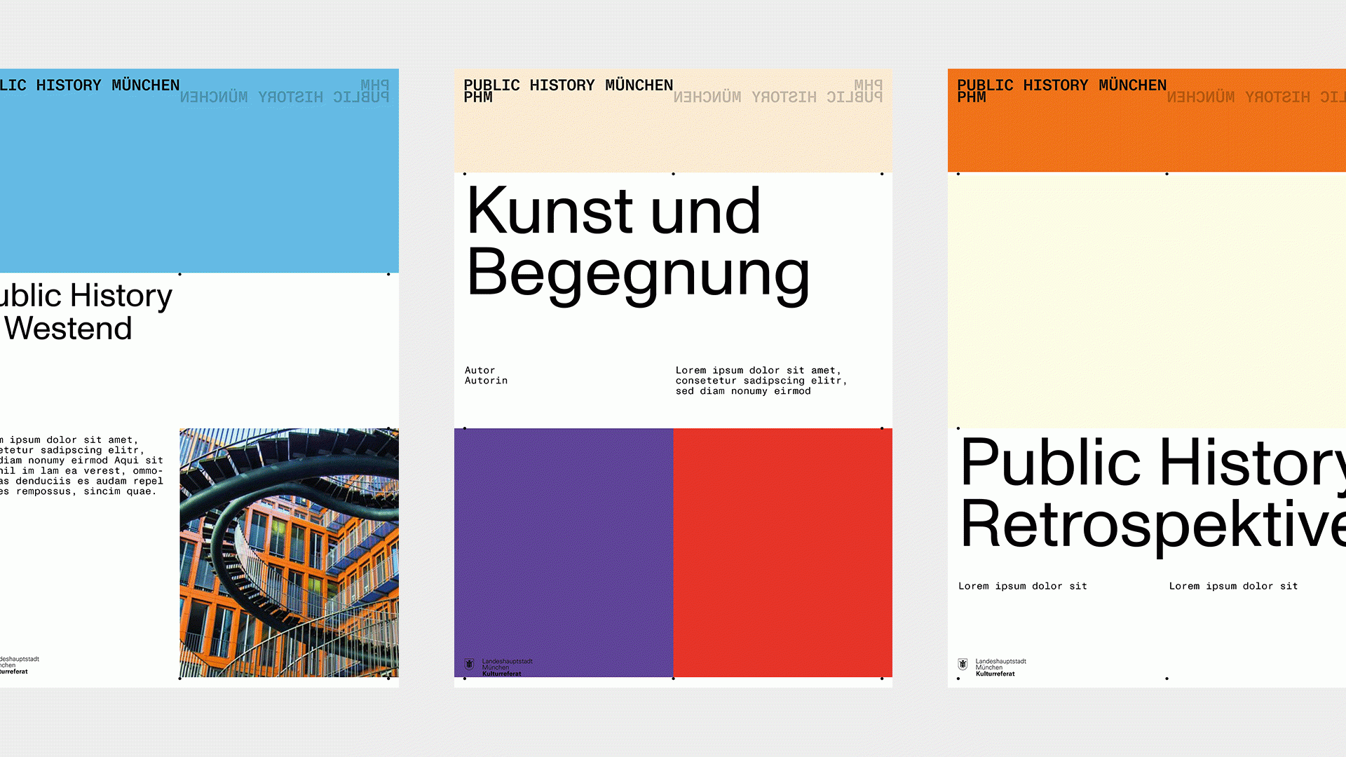 Animation verschiedener Plakate mit unterschiedlichen Layouts im gleichen Raster.