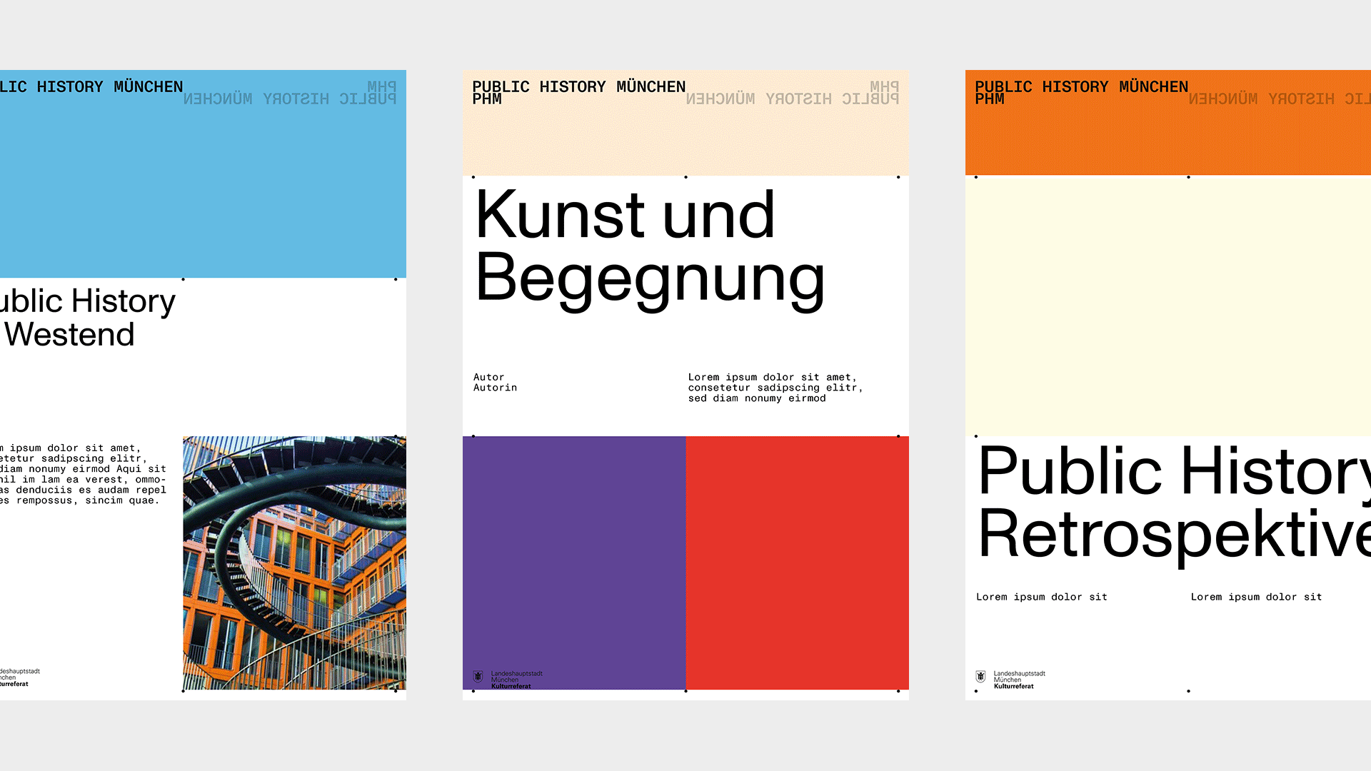 Animation verschiedener Plakate mit unterschiedlichen Layouts im gleichen Raster.