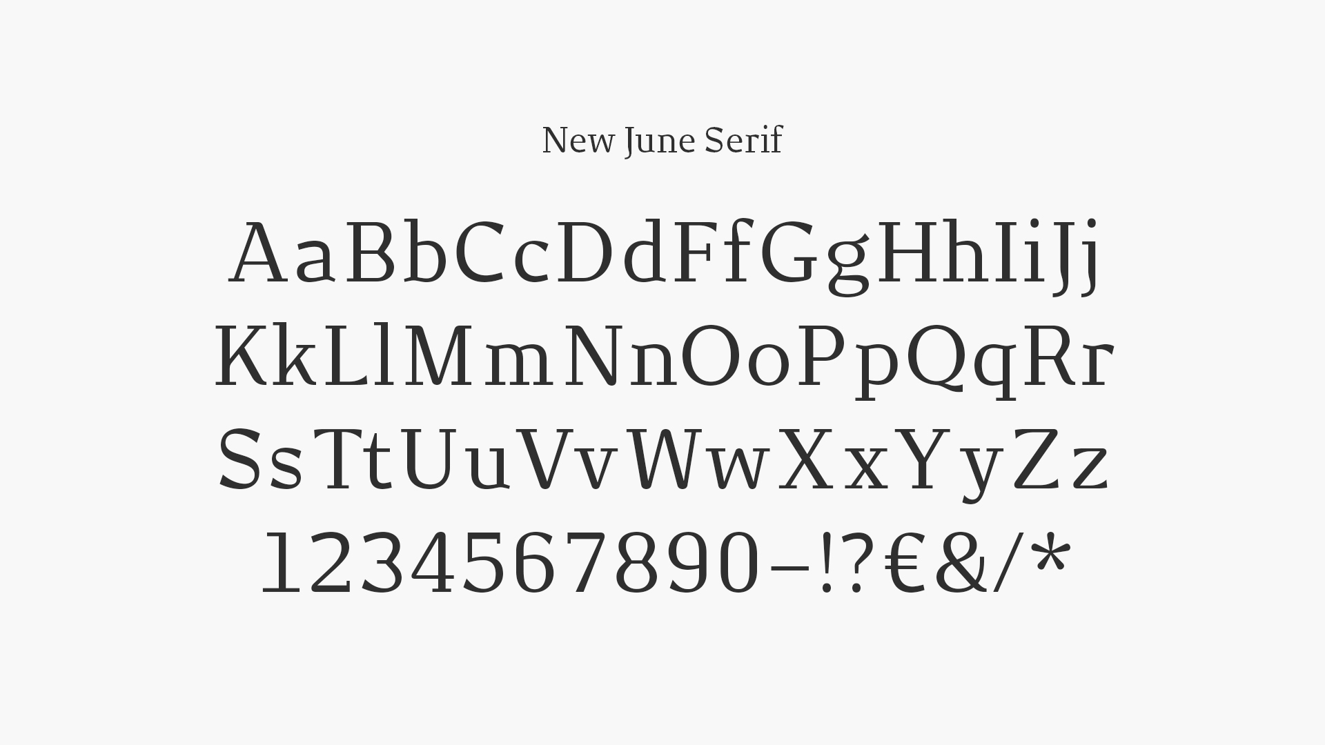Übersicht der Zeichen des Schriftschnitts „New June Serif“.