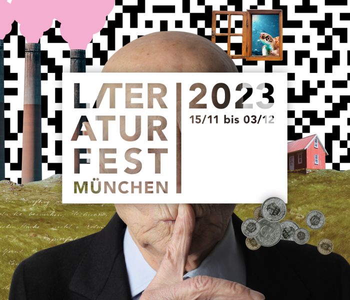 Keyvisual des Literaturfest 2023. Das Logo steht mittig über dem Gesicht eines alten Manns. Im Hintergrund ist eine bunte Collage zu sehen.