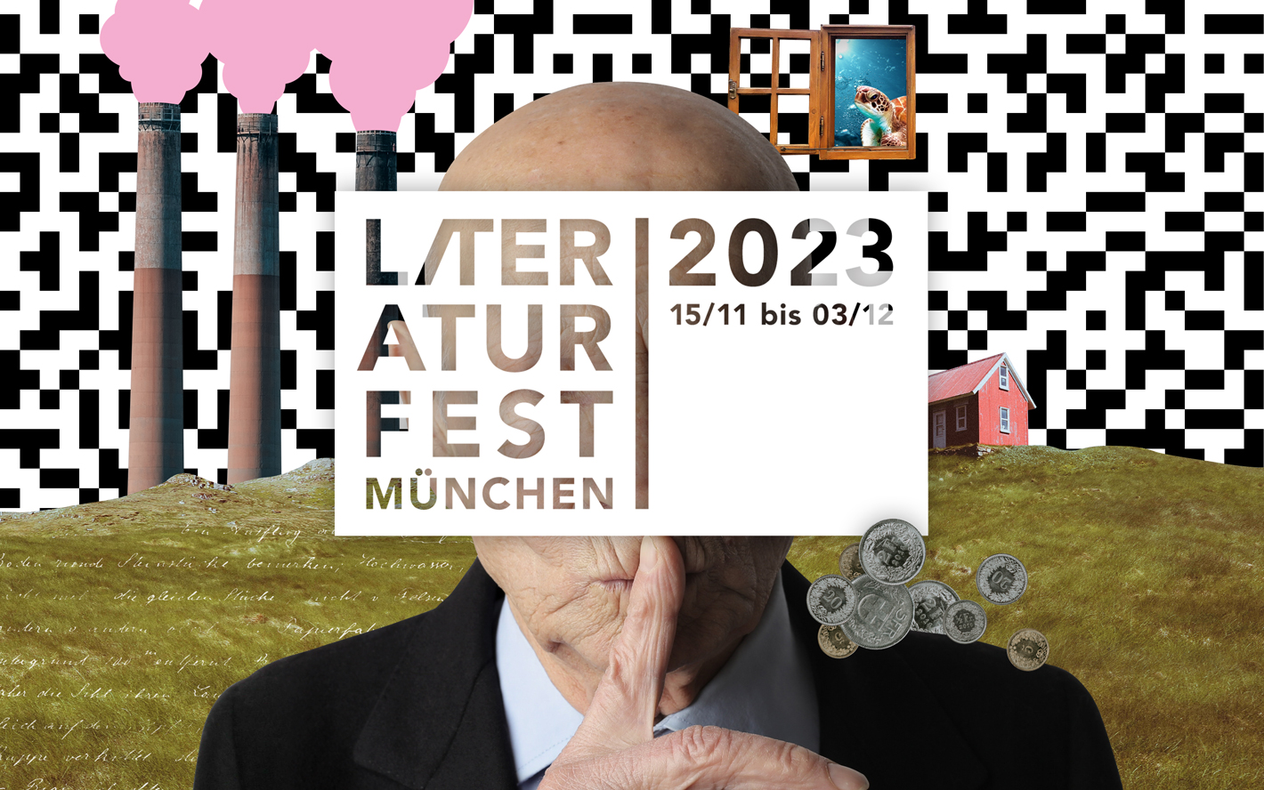 Keyvisual des Literaturfest 2023. Das Logo steht mittig über dem Gesicht eines alten Manns. Im Hintergrund ist eine bunte Collage zu sehen.