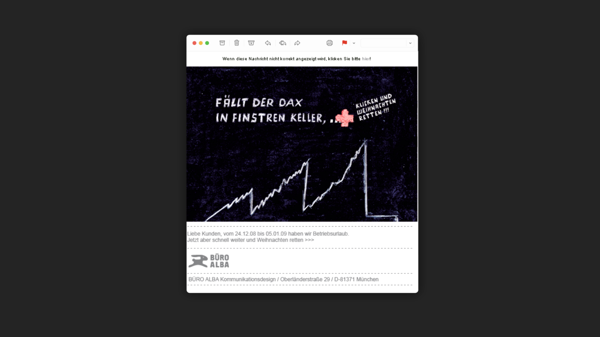 Digitales Mail Fenster mit handgeschriebener Nachricht: „Fällt der DAX  in finstren Keller, klicken und Weihnachten retten! “. Unten ist eine Aktienkurve skizziert.