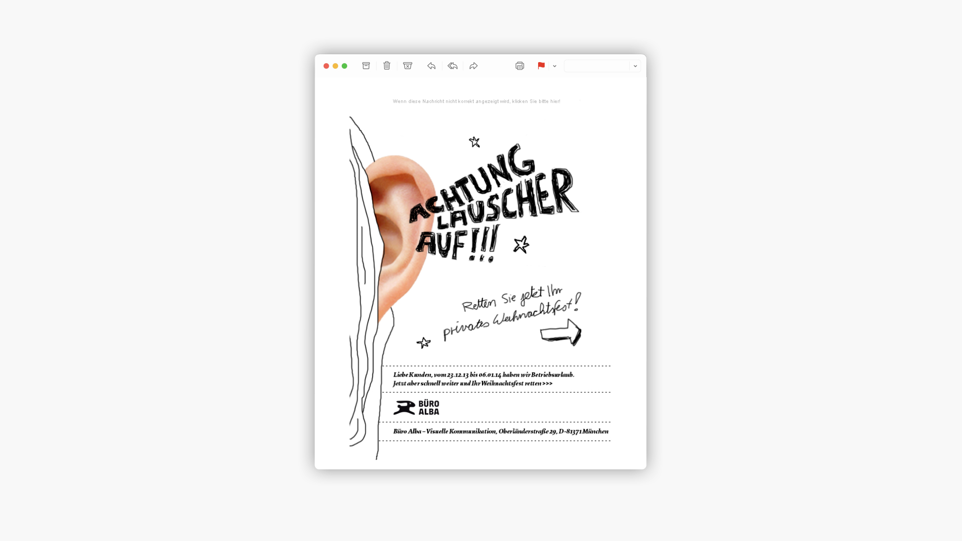 Digitales Mail Fenster mit handgeschriebener Nachricht: „Achtung Lauscher Auf!“ und einem Foto von einem Ohr.