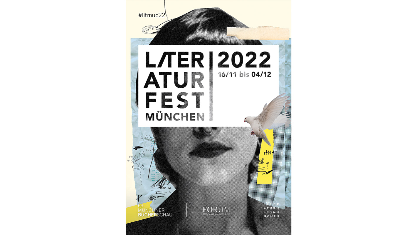 Plakat des Literaturfest 2022. Das Logo steht mittig über dem Gesicht einer jungen Frau. Im Hintergrund ist eine beige-blau-gelbe Collage. Eine Taube fliegt über das Logo.