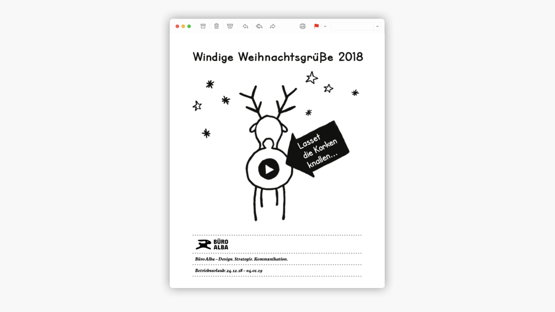 Digitales Mail Fenster mit Schriftzug: „Windige Weihnachtsgrüße 2018“ und einer Reh Illustration.