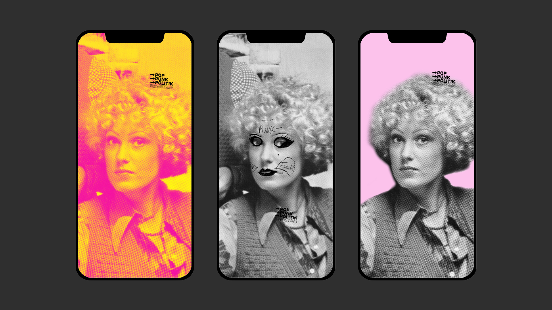 Drei Smartphones mit verschiedenerer Videofilter im Stil der Ausstellung.