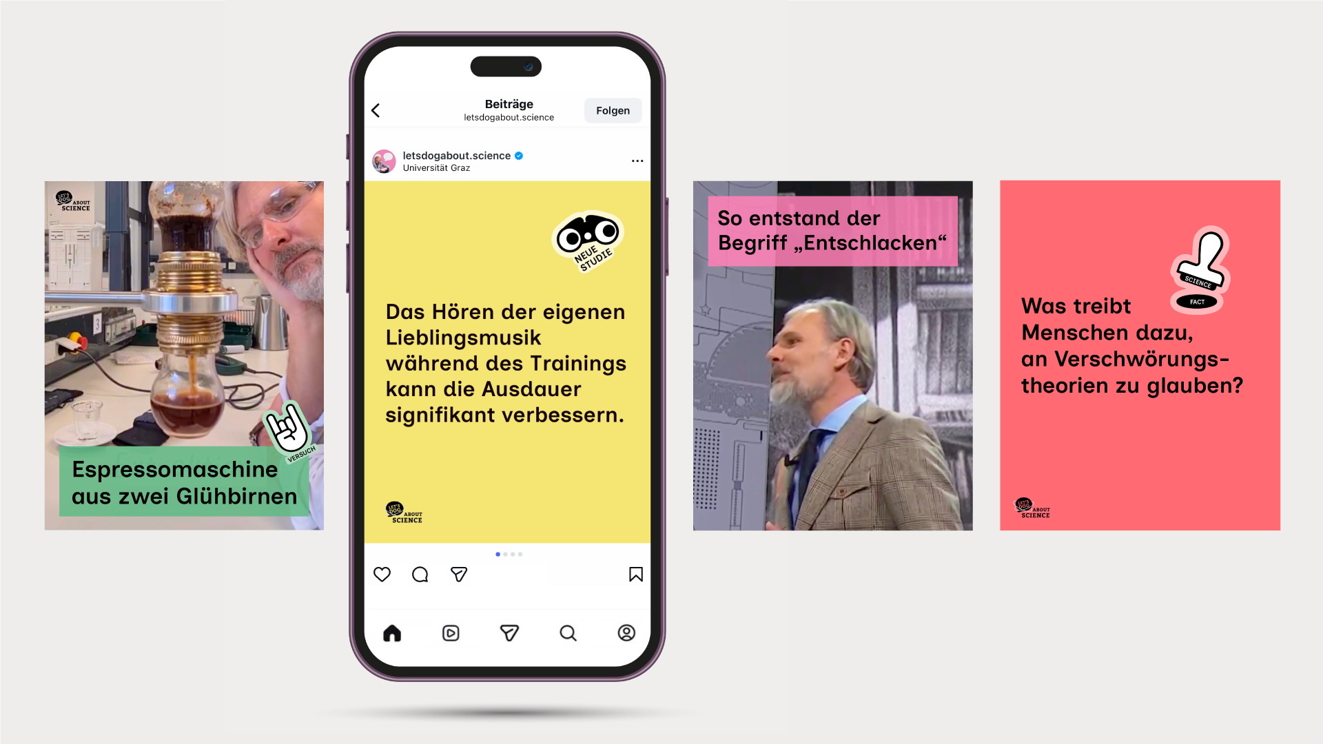 Verschiedene Instagram-Post-Layouts für 'Let's dog about science' im Überblick