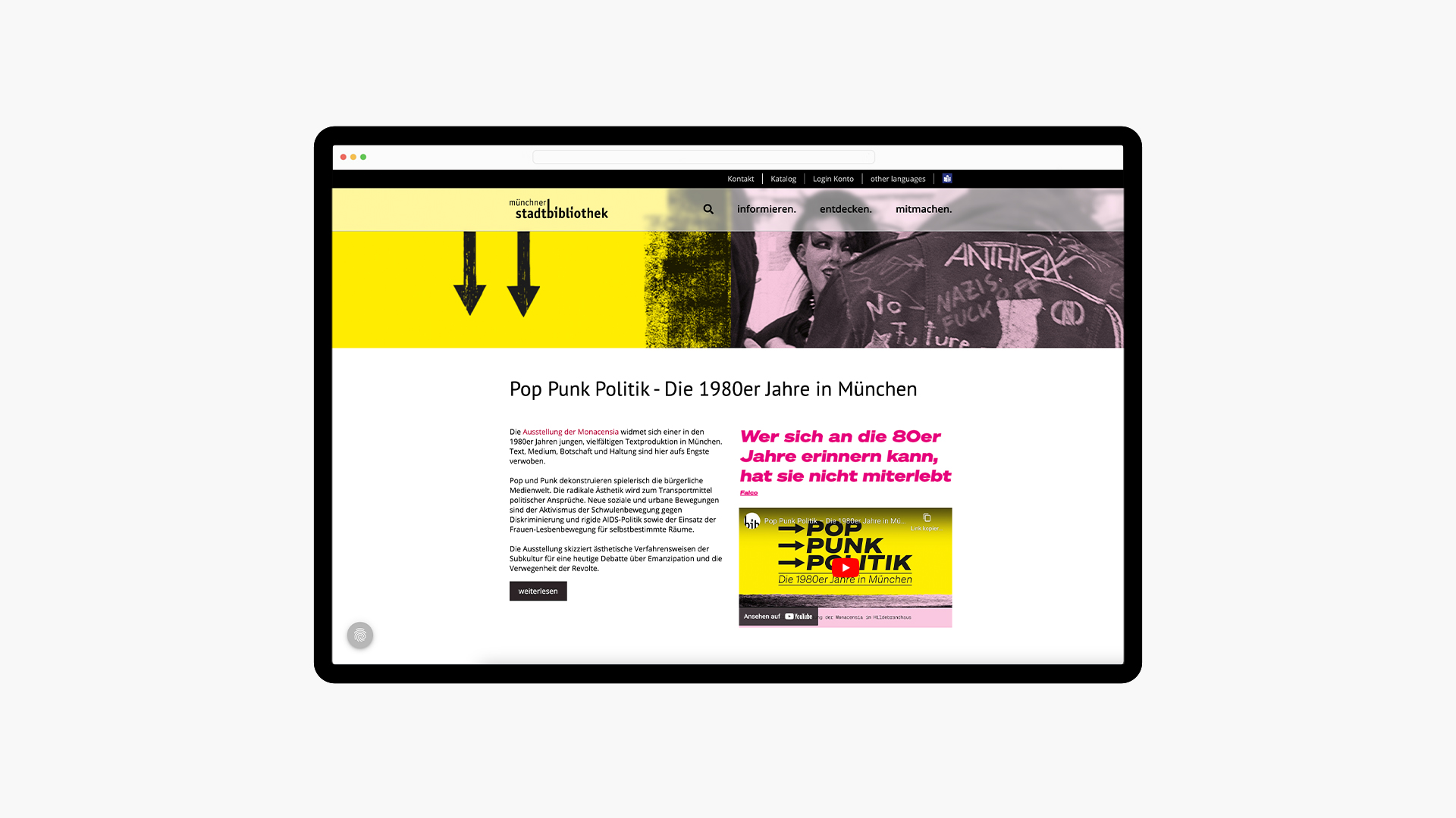Unterseite der Ausstellung „Pop, Punk, Politik“ auf der Münchner Stadtbibliothek Website.