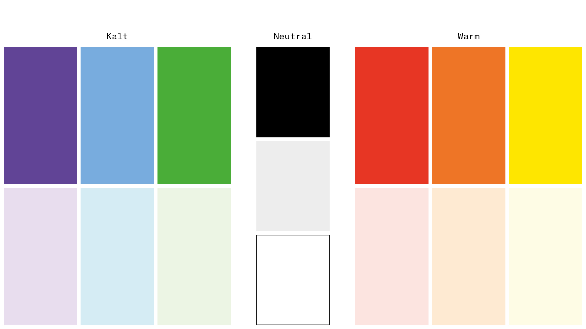Darstellung der Farbpalette. Aufgeteilt in kalten, warmen und neutralen Farben.