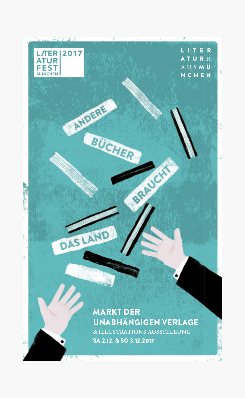 Vier Plakate der letzten vier Jahre für den „Markt der unabhängigen Verlage“ in skizzierter, bunter Optik.
