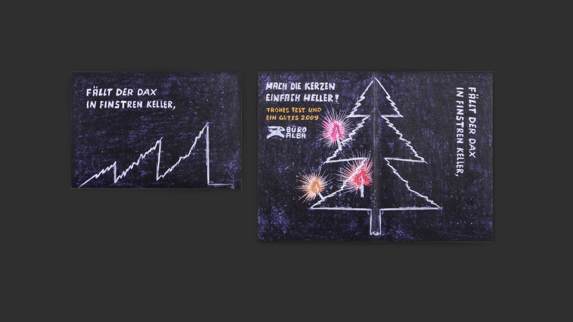 Mittig ist ein Tannenbaum mit drei Kerzen skizziert. Links und rechts am Rand steht der Schriftzug: „Fällt der DAX in finstren Keller, mach die Kerzen einfach heller!“