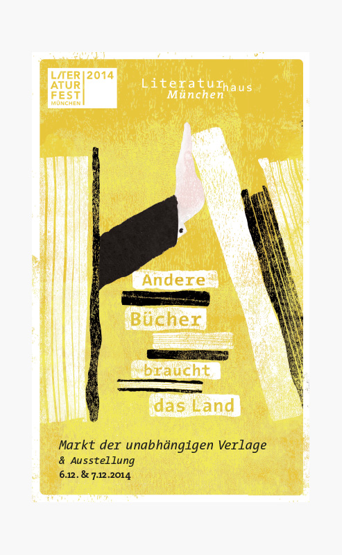 Vier Plakate der letzten vier Jahre für den „Markt der unabhängigen Verlage“ in skizzierter, bunter Optik.