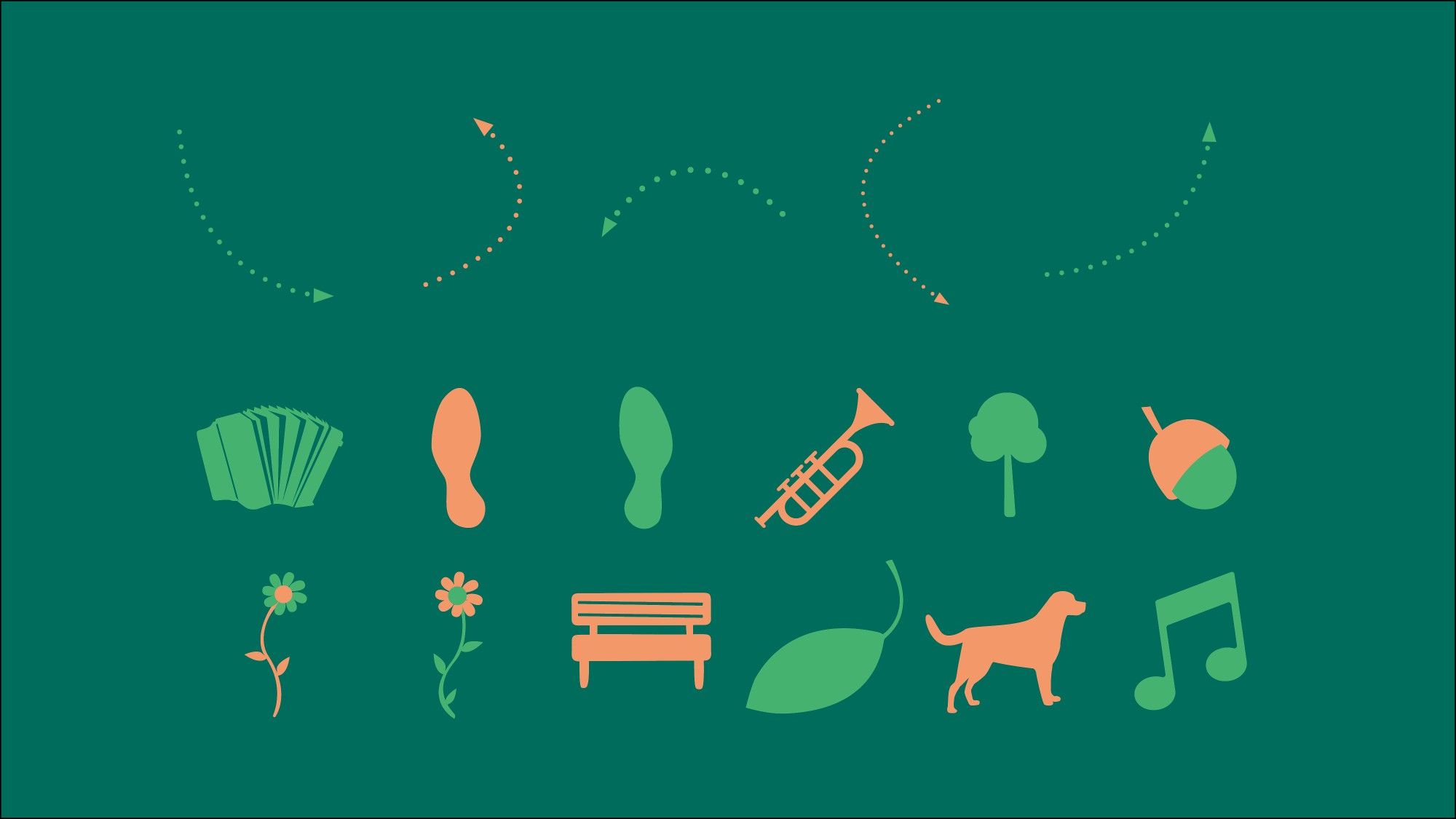 Verschiedene Illustrationen im Thema Park, Natur und Tanz.