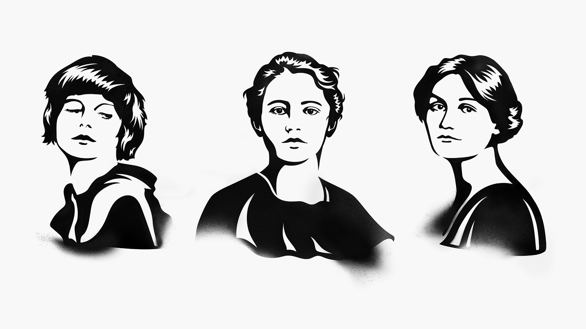 Illustrative Darstellungen von Franziska zu Reventlow, Margarete Beutler und Emmy Hennings. Die Icons sind flächig und einfarbig schwarz