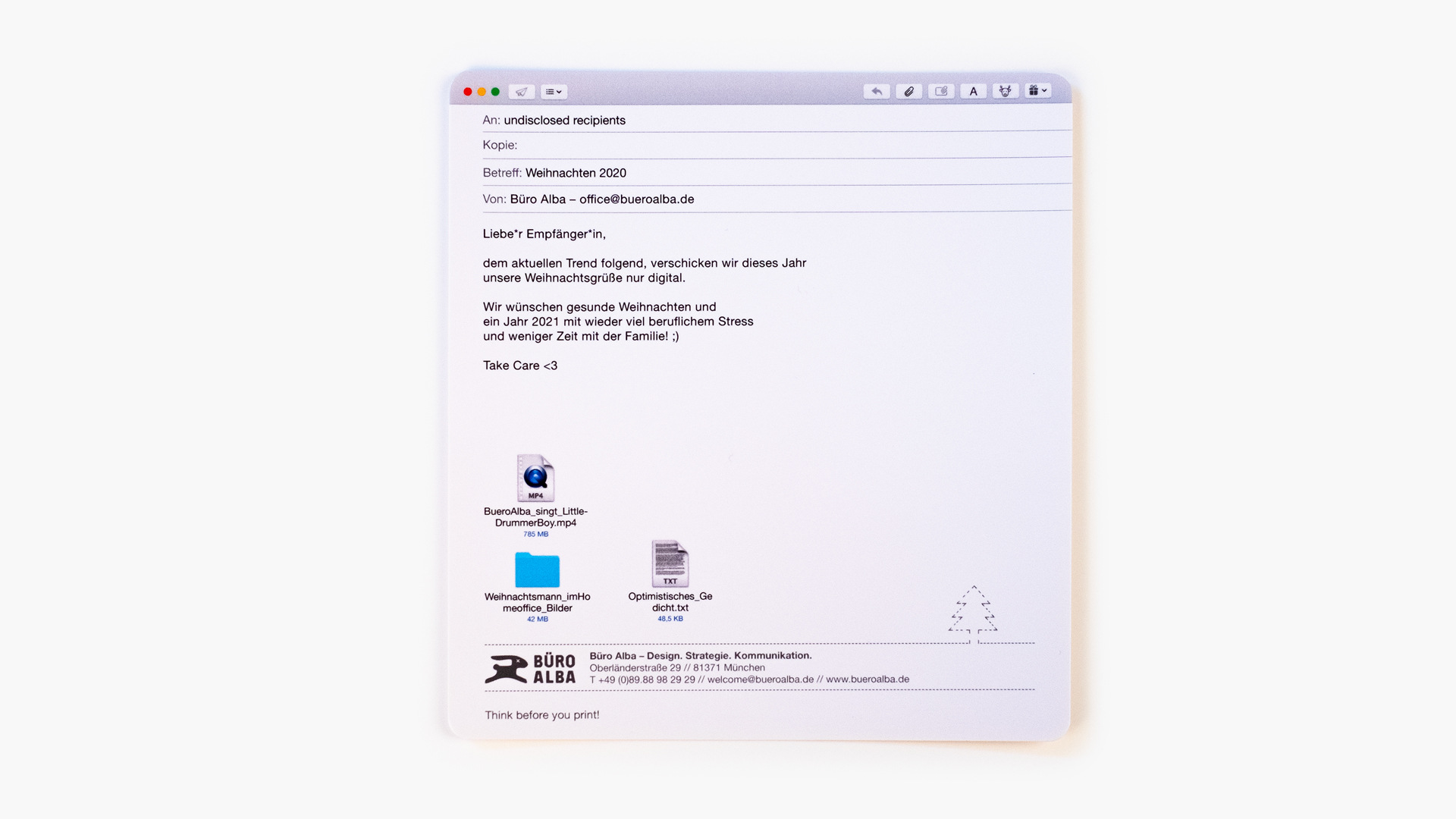 Ausgedrucktes Mail Fenster mit Weihnachtsnachricht.