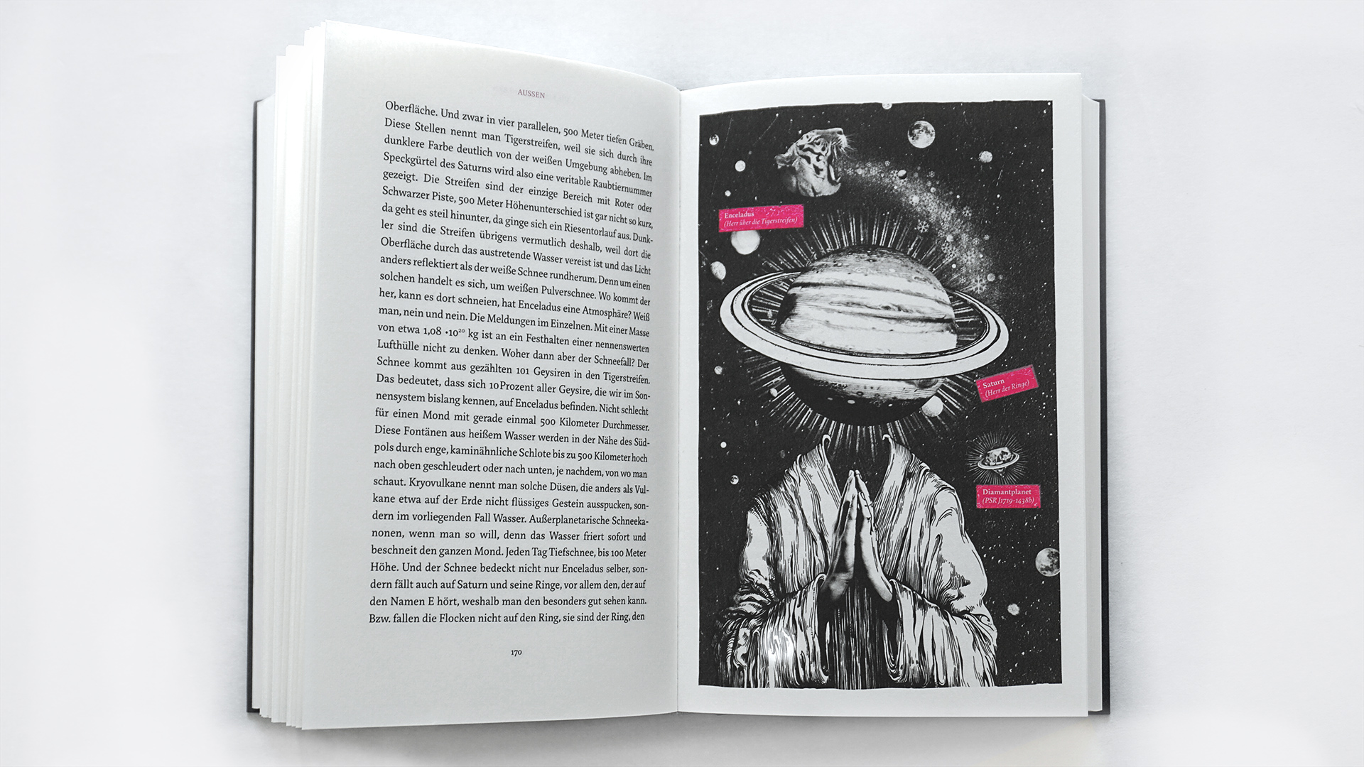 Fotografie einer Doppelseite des Buchs. Zu sehen ist eine Illustration einer betenden Person, deren Kopf ein Planet ist.