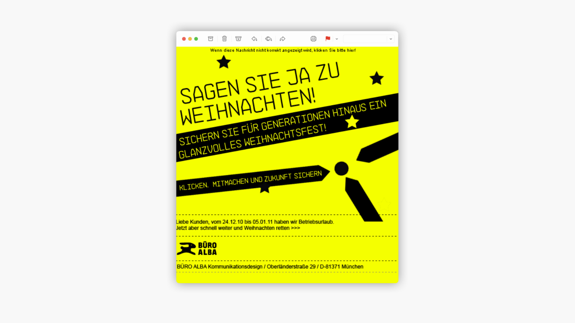 Digitales Mail Fenster mit Schriftzug: „Sagen sie Ja zu Weihnachten!“ vor einem neon-gelben Hintergrund.