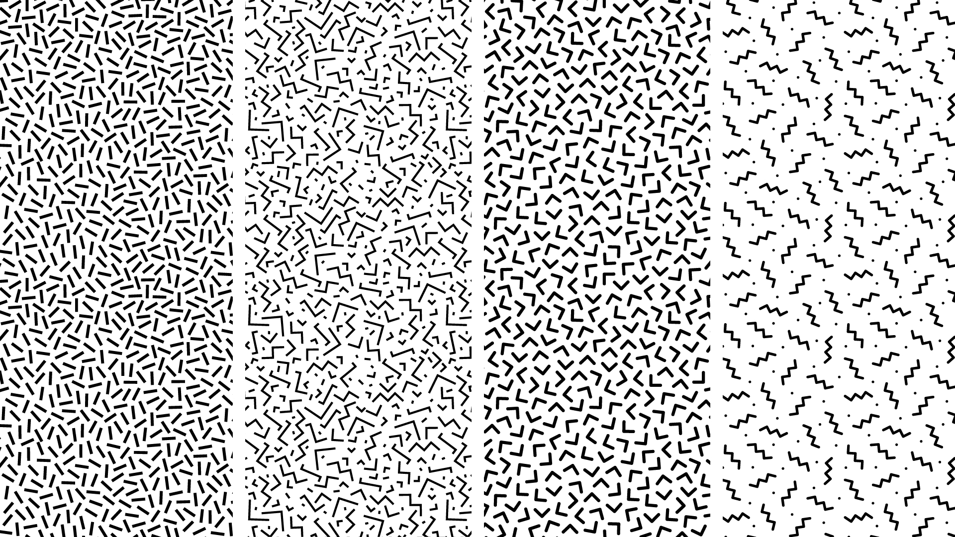 Vier geometrische, kleinteilige Muster.