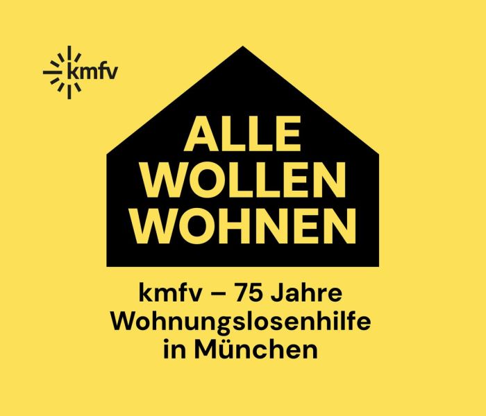 Logo der KMFV-Ausstellung „Alle wollen wohnen“ – 75 Jahre Wohnungslosenhilfe, Design von buero alba München.