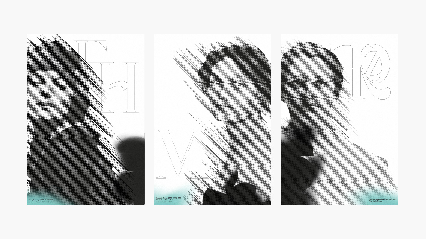 Plakate der drei Frauen Franziska zu Reventlow, Margarete Beutler und Emmy Hennings jeweils mit Monogramm und gerasterten Portrait.