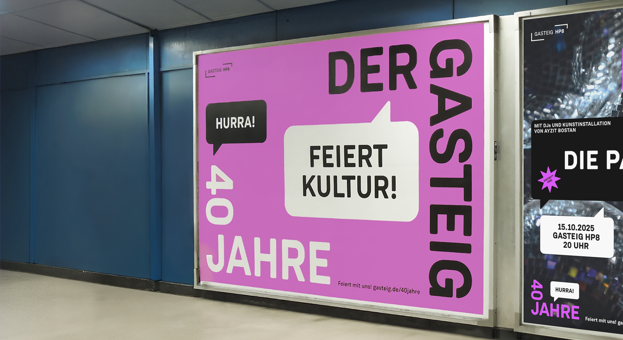 Großformatiges Kampagnenplakat des Gasteig mit dem Claim „Feiert Kultur!“ und typografischem Keyvisual in leuchtendem Pink – Gestaltung zum 40-jährigen Jubiläum des Kulturzentrums.
