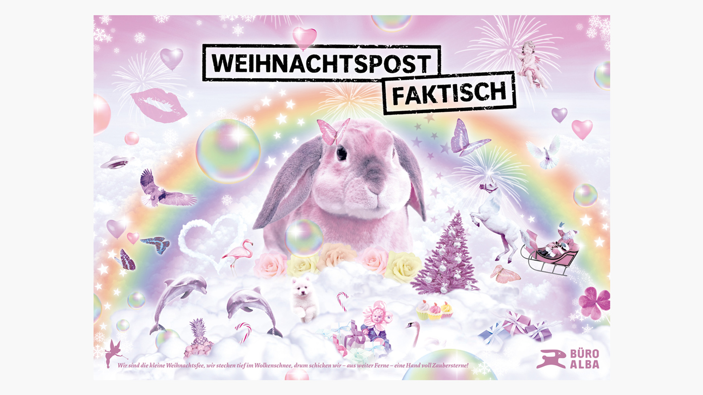 In Pastelltönen gestaltete Collage mit großem rosa Hasen in der Mitte und dem Schriftzug: „Weihnachtspost faktisch“.