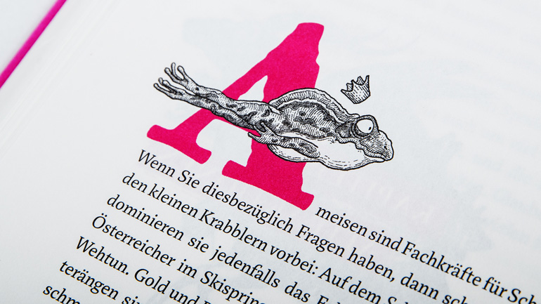 Nahaufnahme eines Initials, über das ein illustrierter Frosch schwimmt