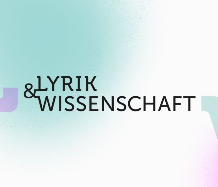 En Pink-Türkiser Farbverlauf, ein großes „L“ und „V“ sind im Hintergrund. Im Vordergrund steht mittig in schwarzer Schrift „Lyrik & Wissenschaft“.