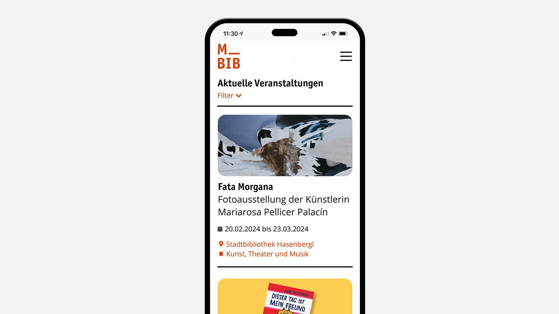 In der Mobilen Ansicht sieht man die Veranstaltungsüberischt auf der Website, die dem neuen Look angepasst wurde.