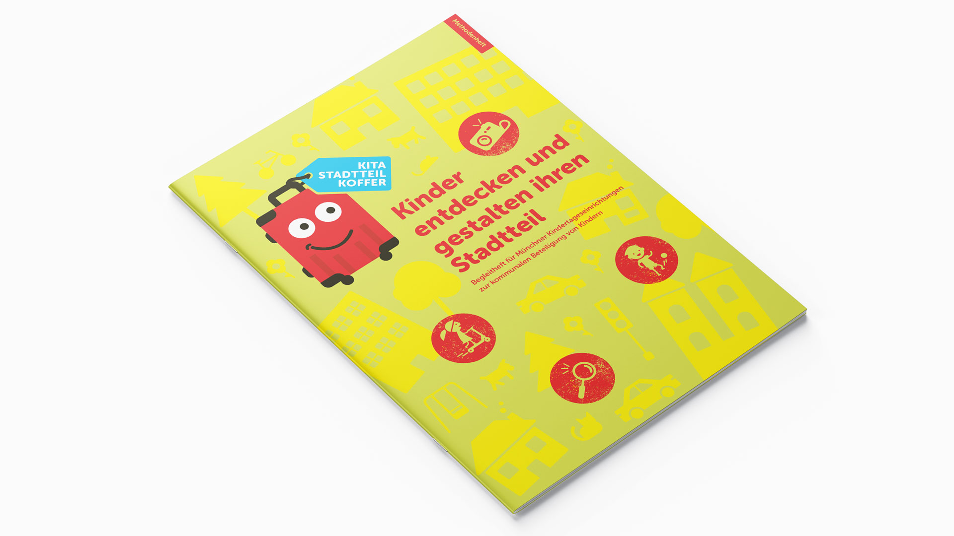 Ein Buch mit dem Titel „Kinder entdecken und gestalten ihren Stadtteil“. Auf dem Cover sind gelbe und rote Illustrationen von Häusern und dem Straßenverkehr zu sehen.