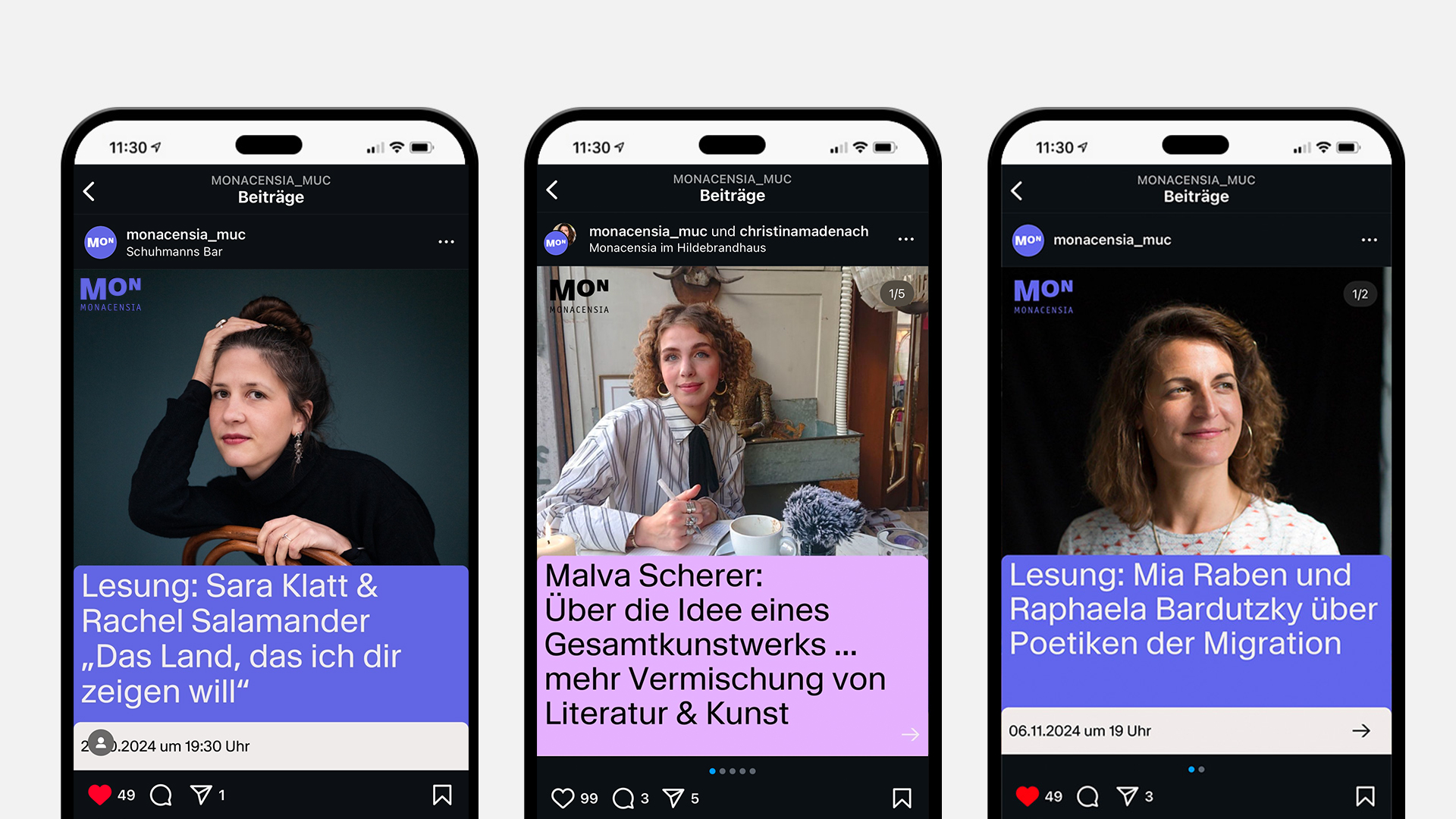 Instagram Feed der Monacensia mit klarem Farbschema, literarischen Zitaten und Veranstaltungsankündigungen.
