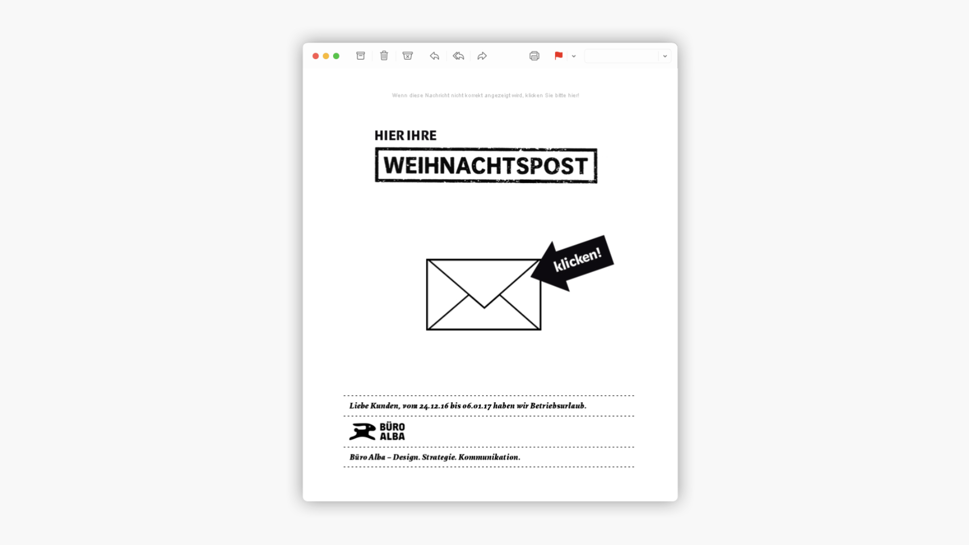 Digitales Mail Fenster mit Schriftzug: „Hier ihre Weihnachtspost“ und einem illustrierten Umschlag auf den ein schwarzer Pfeil zeigt.