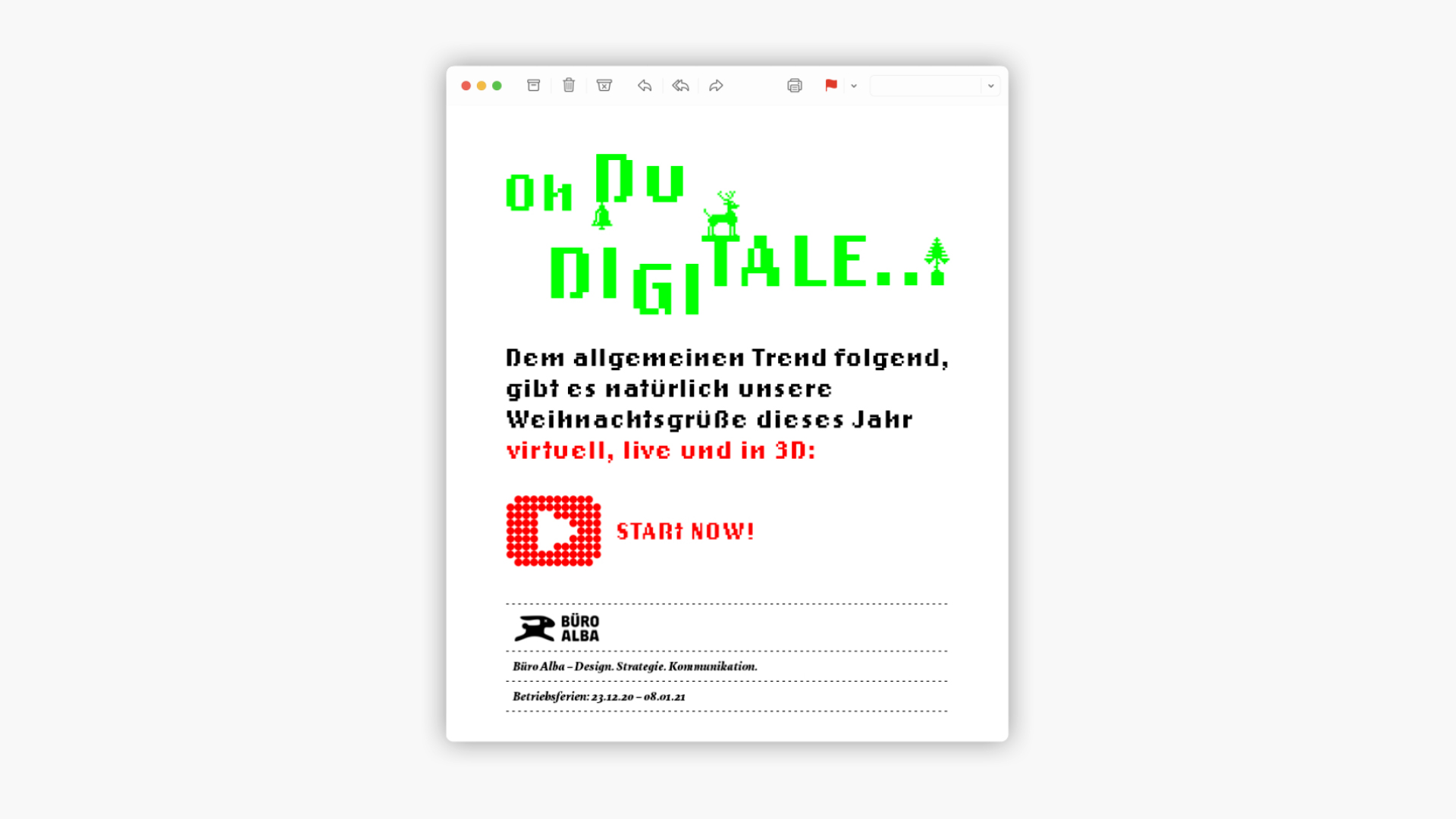 Digitales Mail Fenster mit Schriftzug: „Oh du digitale…“ in Pixelschrift.