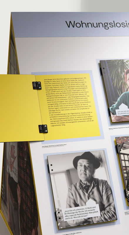 Interaktive Ausstellungstafeln mit Porträts und Texten – Wanderausstellung „Alle wollen wohnen“ von buero alba München.