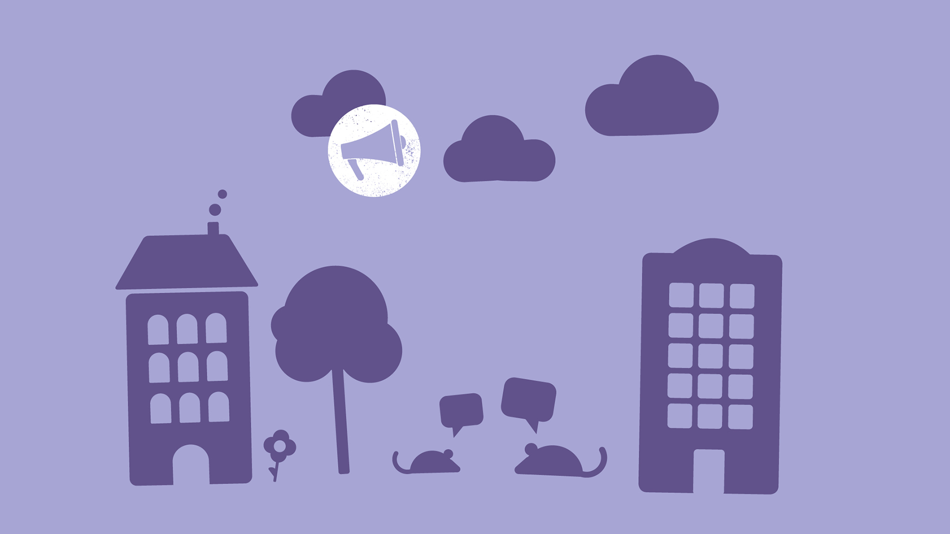 Lila Illustration mit Häusern, Bäumen, Wolken und zwei Mäusen mit Sprechblasen.