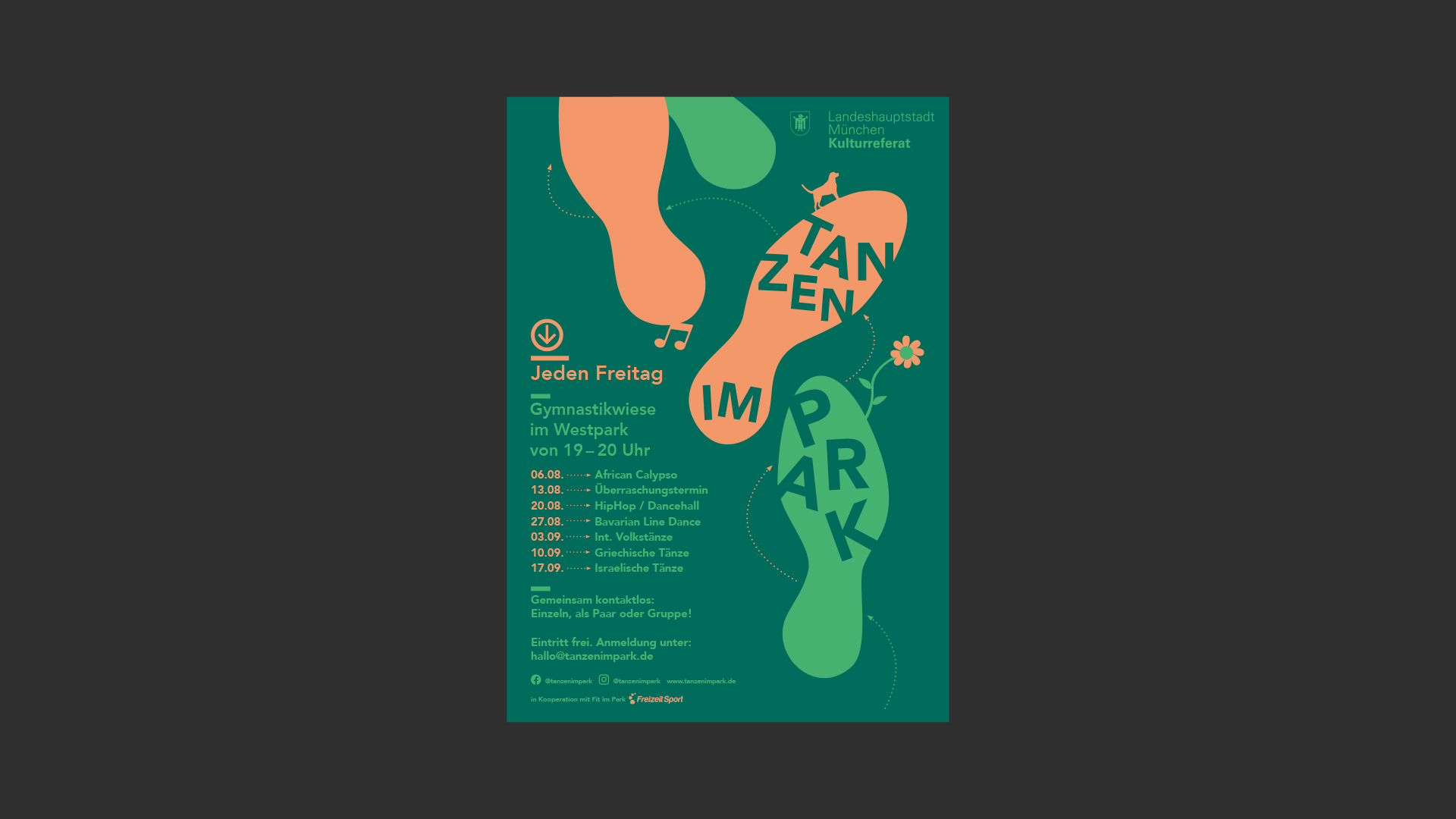 Plakat mit Übersicht über die nächsten Termine und Illustrationen auf dunkelgrünen Hintergrund.