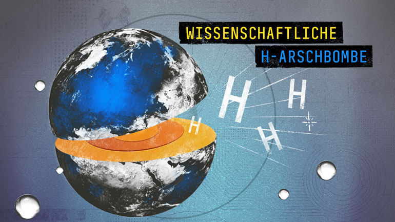 Abbildung einer gespaltenen Erde aus der H Symbole fliegen mit Titel: „Wissenschaftliche H-Arschbombe“. Infografik Agentur München: Illustration für Wissenschaftskommunikation mit Visualisierung der Erde und Forschungsthemen