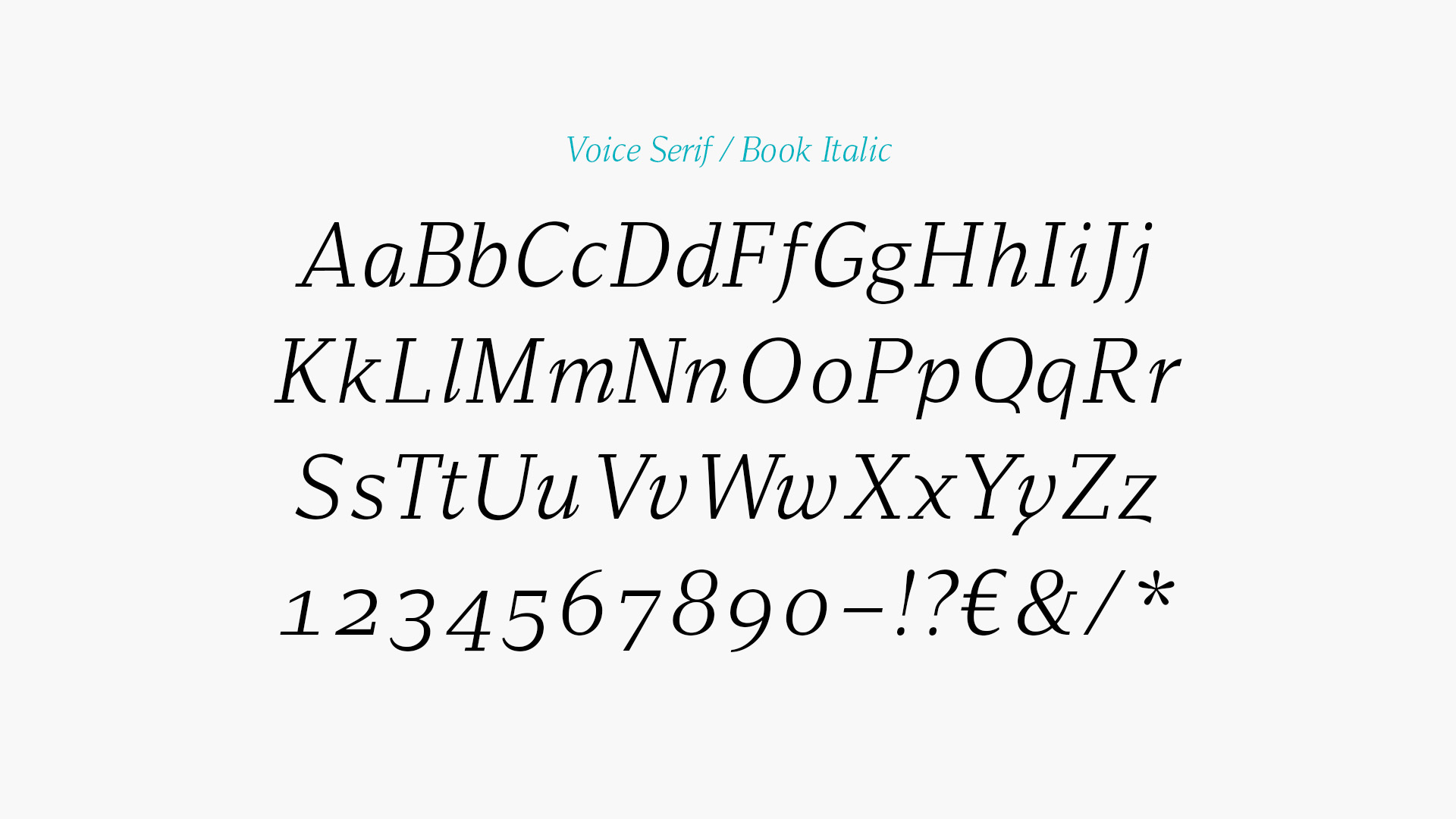 Übersicht der Schrift Voice Pro /Book Italic.