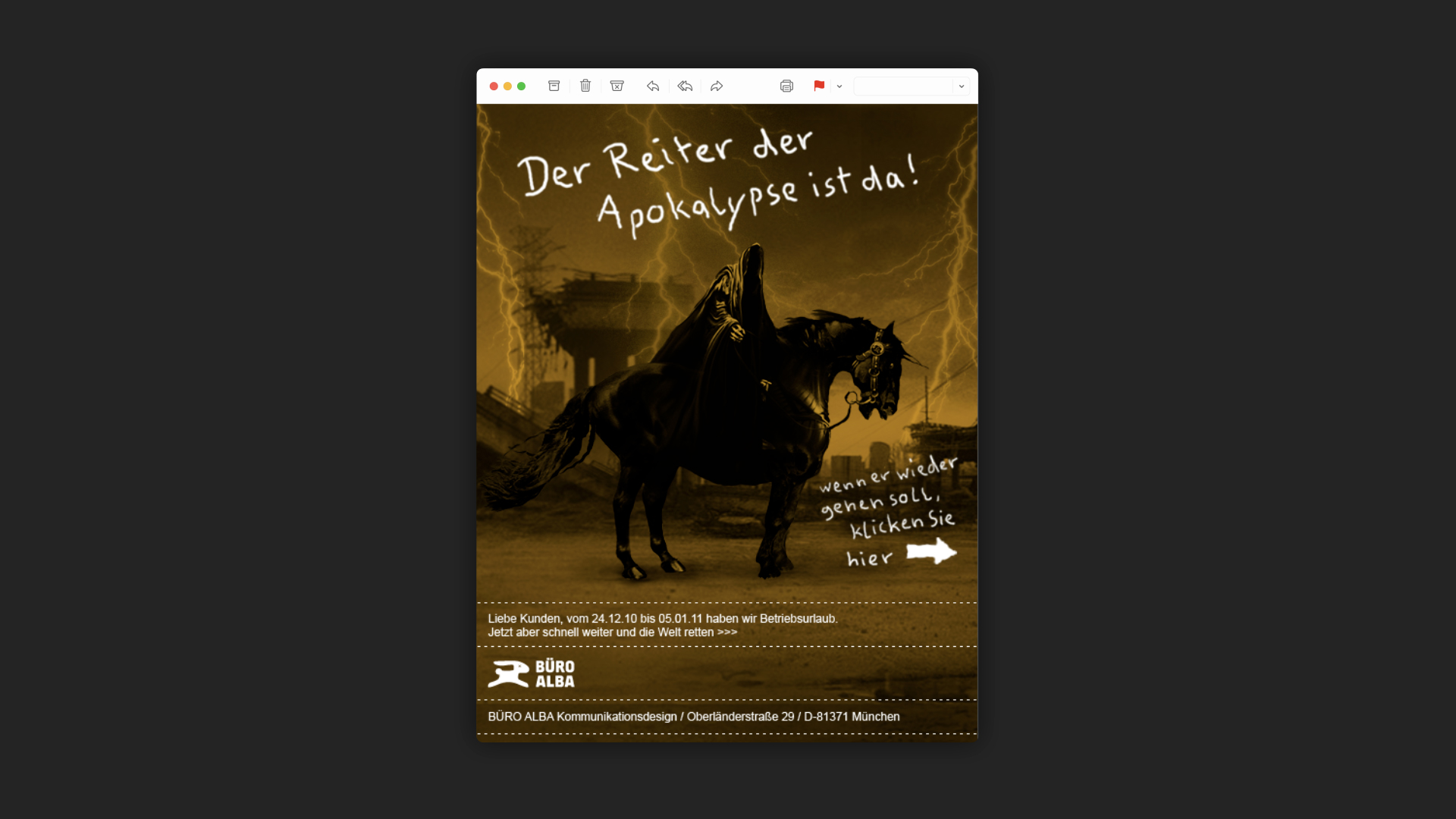 Digitales Mail Fenster mit handgeschriebener Nachricht: „Der Reiter der Apokalypse ist da!“.