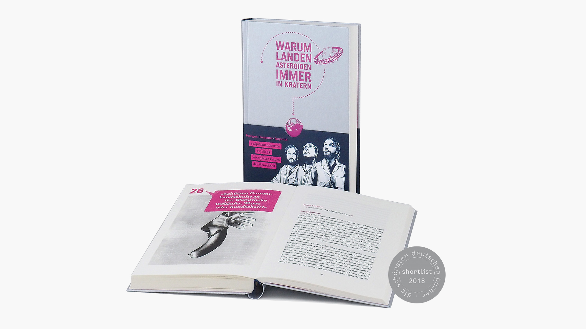 Fotografie des Covers und einer illustrierten Seite von „Warum landen Asteroiden immer in Kratern“.