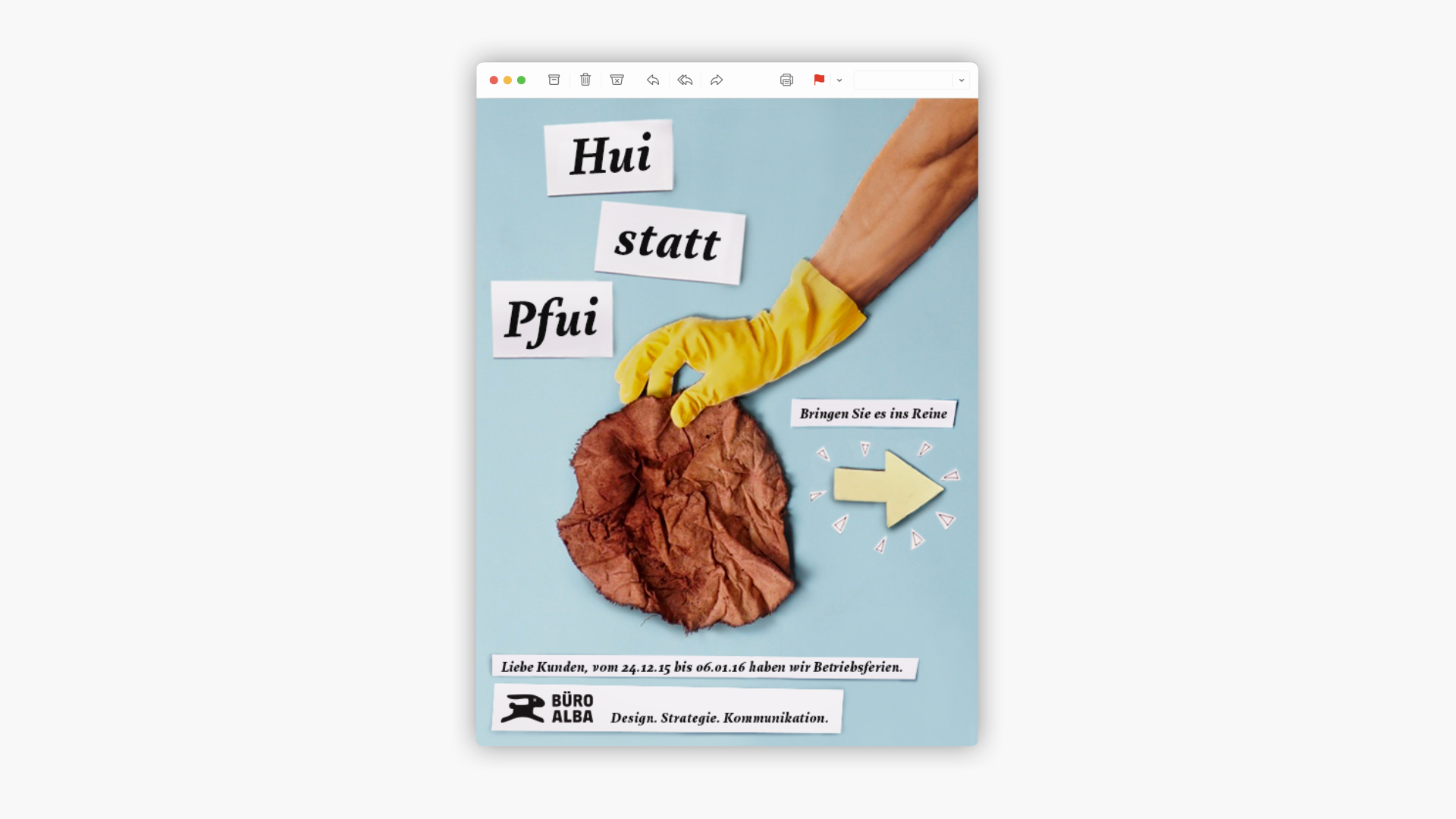 Digitales Mail Fenster mit Schriftzug: „Hui statt Pfui“ und einem Bild von einer Hand mit Handschuh und einem braunen Lappen.