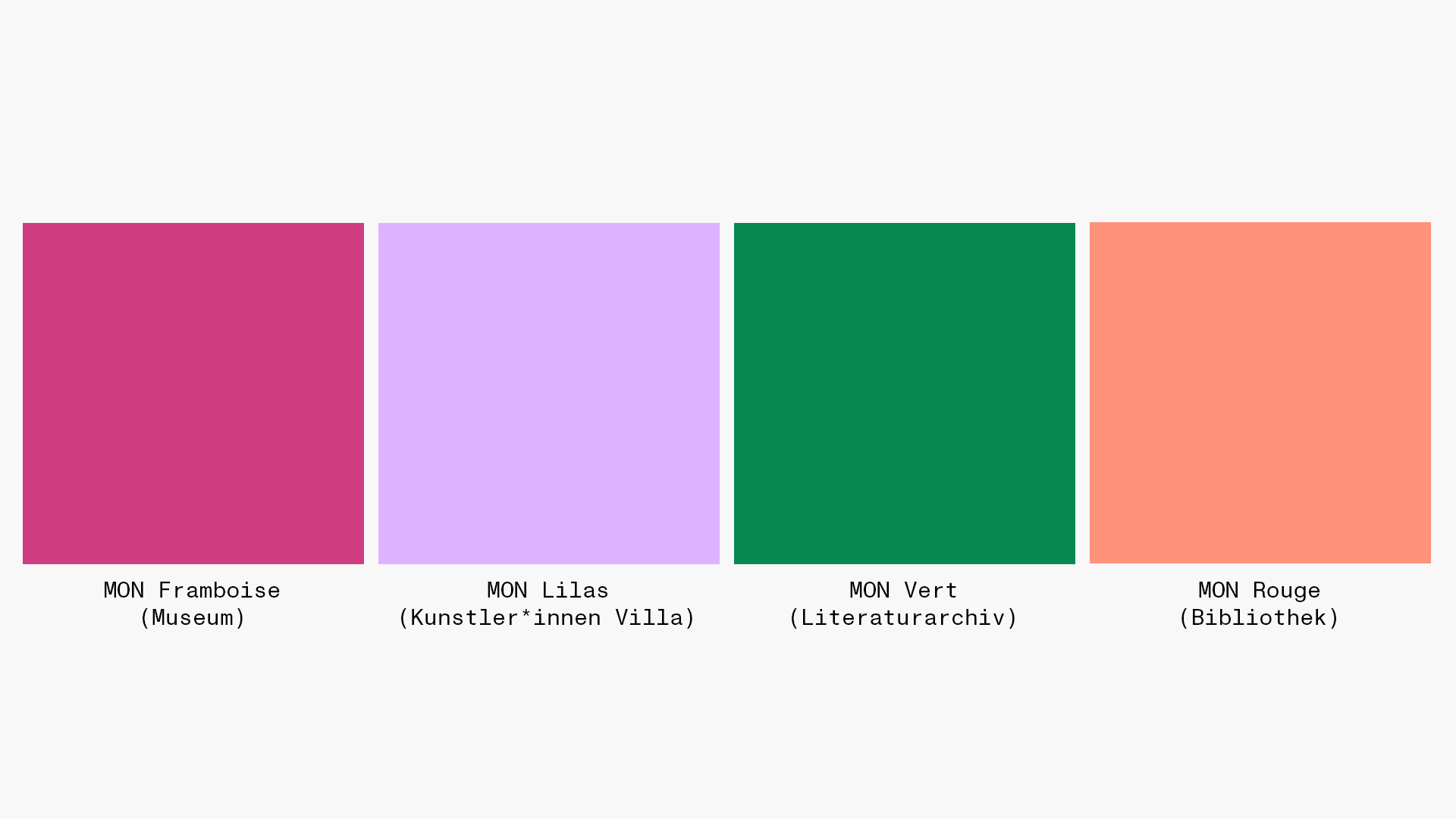 Farbpalette der erweiterten Farben, den verschieden Bereiche der Monacensia zugeordnet