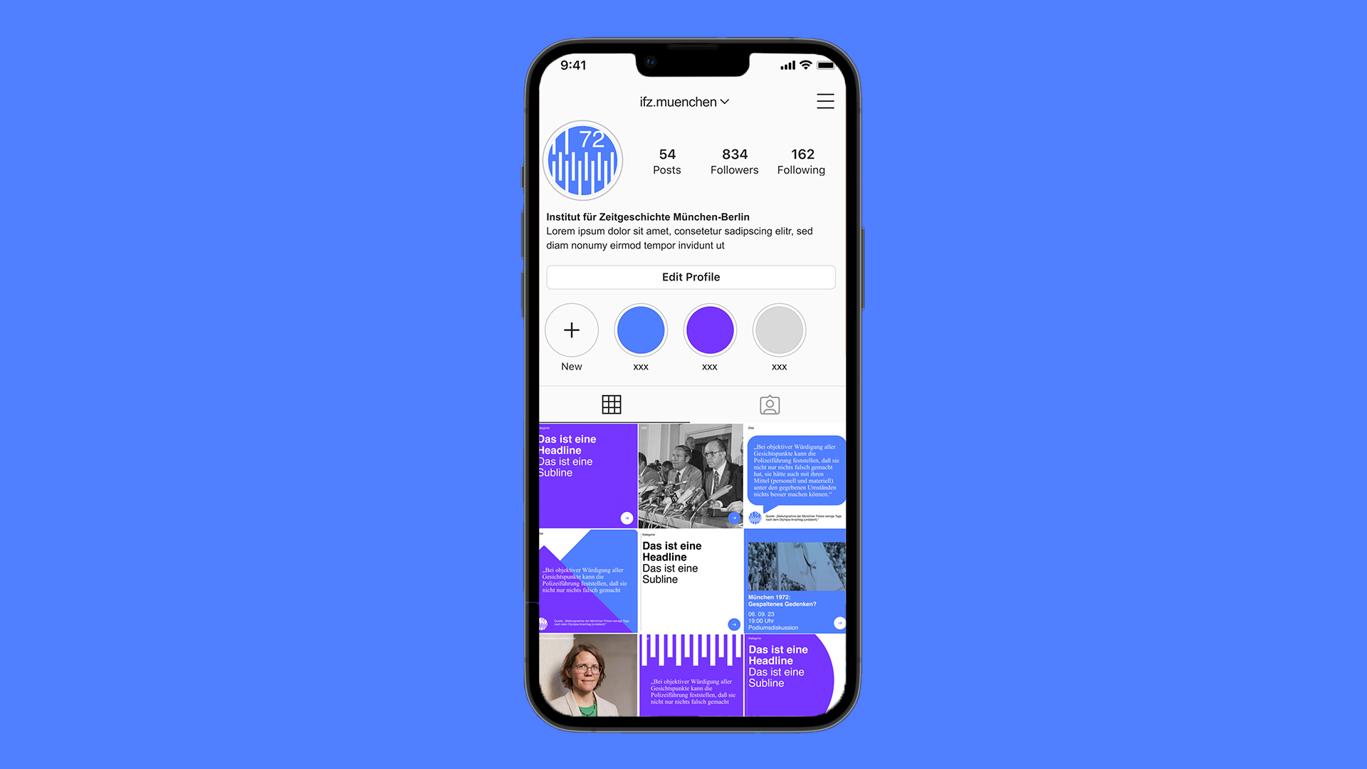 Übersicht des Instagram Profils in der neuen Identity.