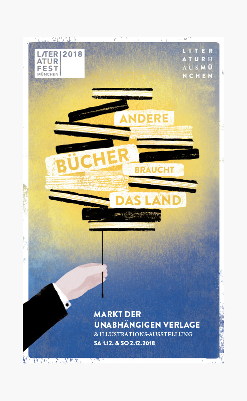 Vier Plakate der letzten vier Jahre für den „Markt der unabhängigen Verlage“ in skizzierter, bunter Optik.