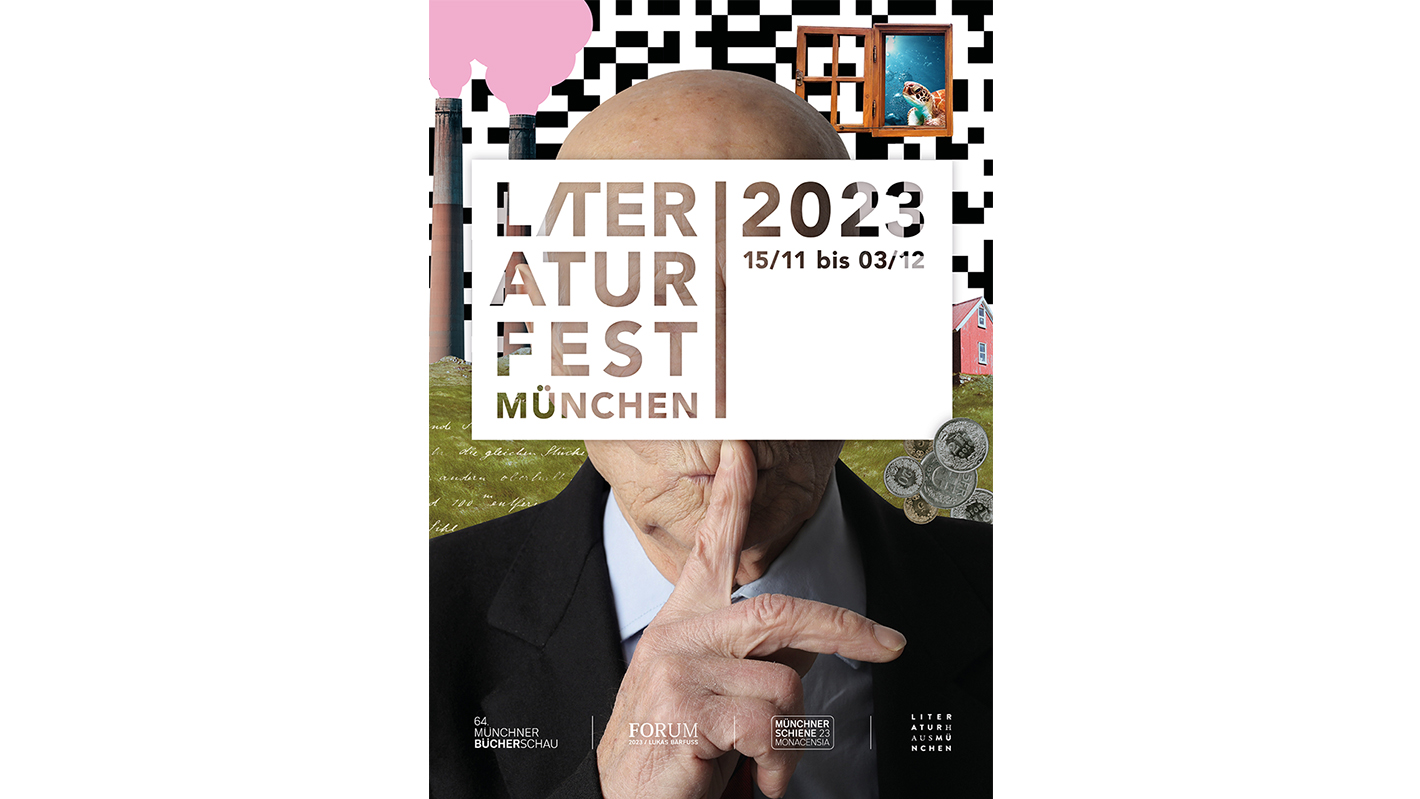 Plakat des Literaturfest 2023. Das Logo steht mittig über dem Gesicht eines alten Manns. Im Hintergrund ist eine bunte Collage zu sehen.
