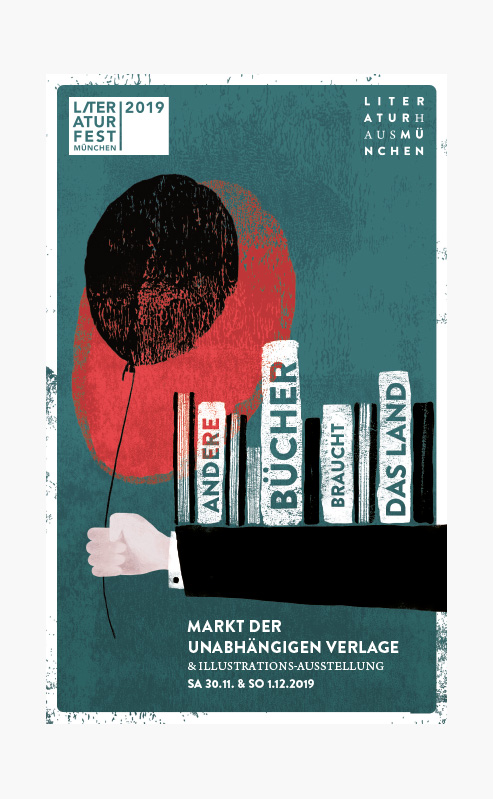 Vier Plakate der letzten vier Jahre für den „Markt der unabhängigen Verlage“ in skizzierter, bunter Optik.
